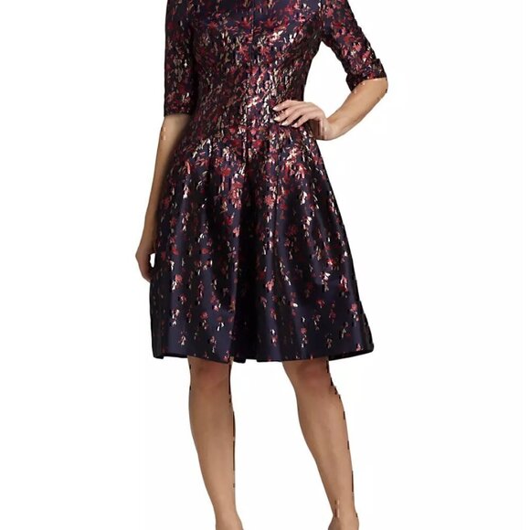 Teri Jon Blue Jacquard Floral Print Box Pleat Fit n Flair  Size4   Navy Multi - Picture 6 of 12